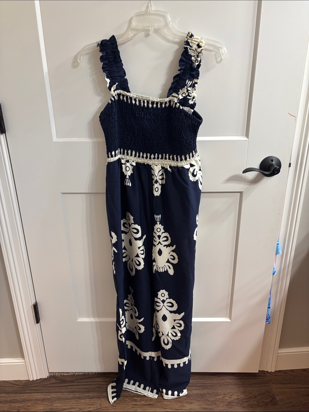 SHEIN Navy and White Smocked Strap Jumpsuit